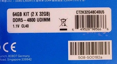 Crucial 64GB (2 x 32GB) PC5-38400 (DDR5-4800) UDIMM Memory
