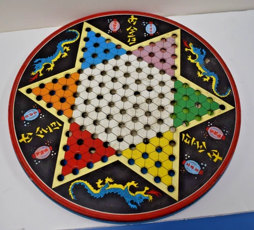 Vintage Metal Tin Ohio Art Chinese Checkers Game Blue Dragons N/Marbles Checkers
