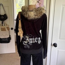Juicy couture vintage black velour fur hood tracksuit set
