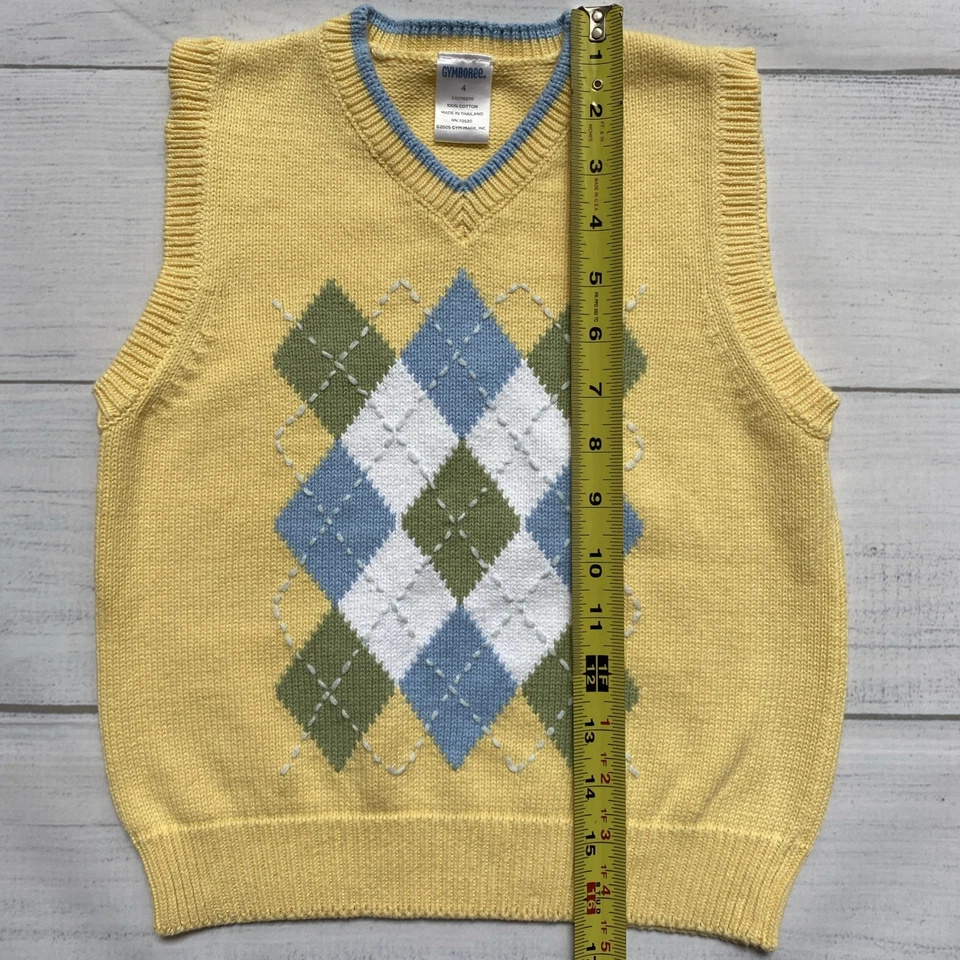 Gymboree Sweater Vest Boys Size 4 Yellow Argyle Sleeveless 2005 Vintage - Image 3 of 4
