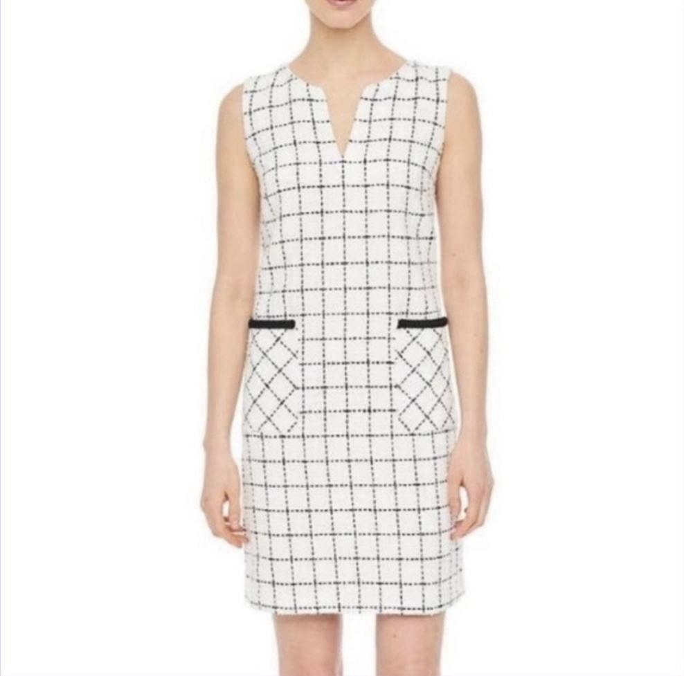 KARL LAGERFELD PARIS Black WhiteDress 4Windowpane Tweed Sleeveless Sheath