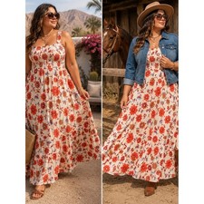 Sincerely Jules XL Floral Smocked Cotton Maxi Dress NWT Cream Red Boho 23890