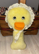 Vintage Eden Duck Plush Baby Rattle Toy Lovey Yellow Chick Bonnet Bow 7"