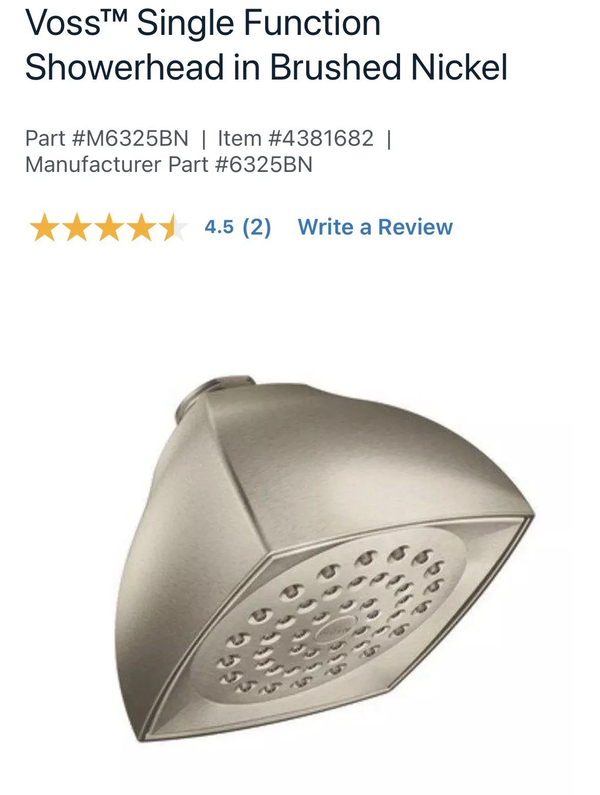 Moen 6324BN Voss Brushed Nickel OneFunction 4-1/16" Diameter Showerhead 2.5 GPM