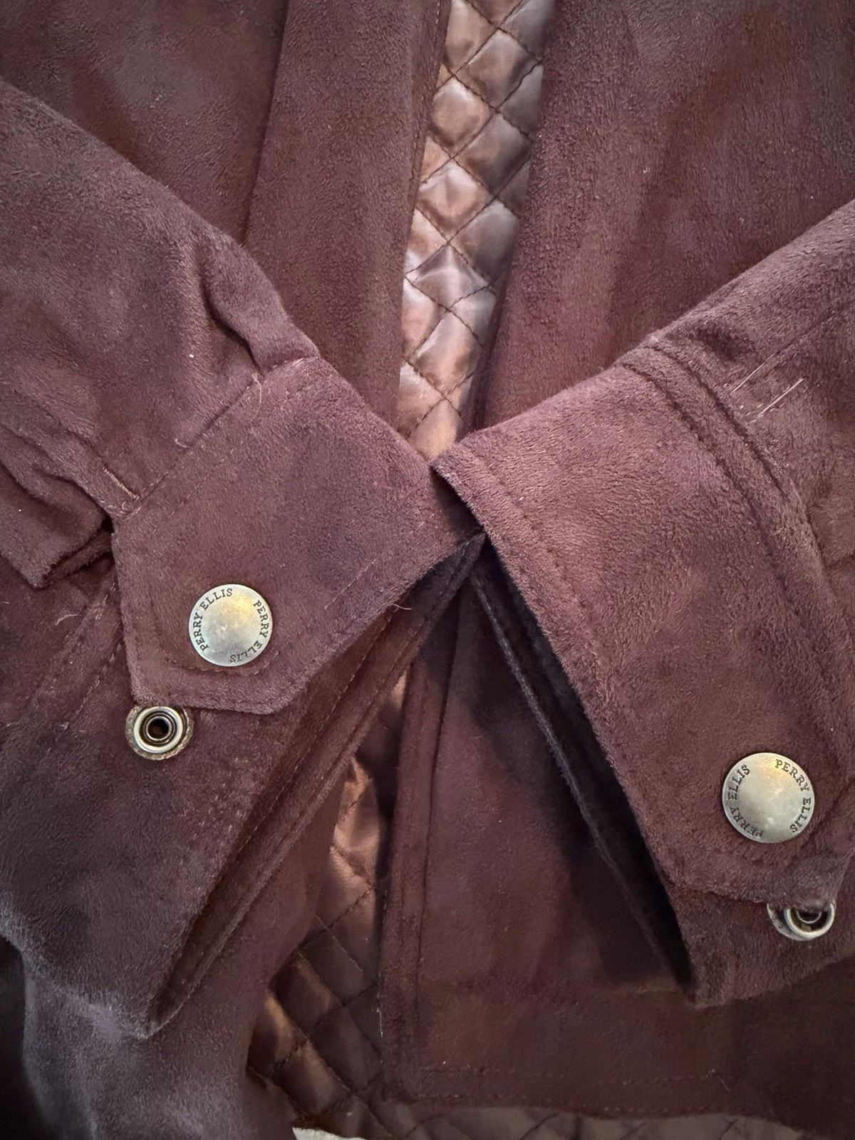Perry Ellis Portfolio Microsuede Bomber Jacket Brown XL Quilted Lined Zip/Button image 8