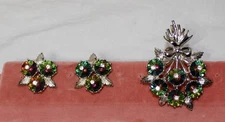 EMMONS SIGNED WATERMELON RHINESTONE MARGARITA RIVOLI FLOWER BROOCH & Earrings