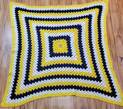 43'' X 47'' Crochet Afghan Throw Blue Yellow White Vintage Handmade Couch ETSU