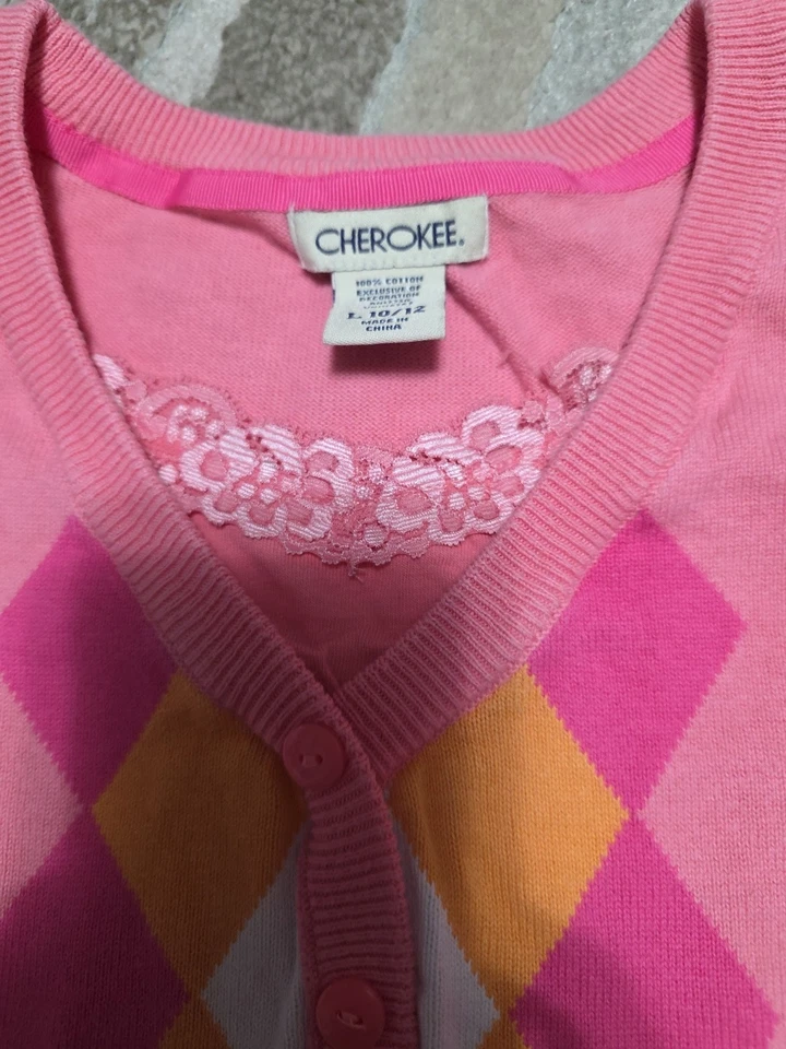 Girls Sz 10/12 Argyle Type s/s Sweater With Lace NICE!! - Image 3 of 4