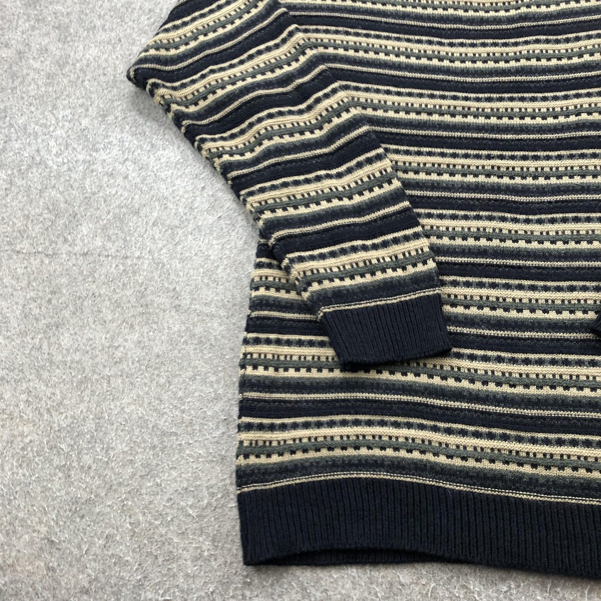 VINTAGE Jantzen Sweater Mens XL Black Tan Striped Knit Crewneck