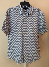 Tommy Hilfiger Mens Shirt XL Custom Fit 100 Linen Blue Chevron Print