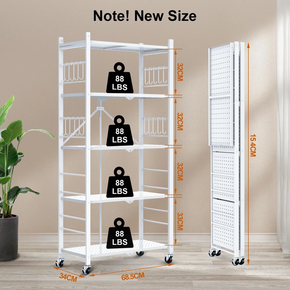 5-Tier Storage Folding Shelf with 20 Hooks, 4 Wheels, and Adjustable Feet, St... - Image 3 of 4