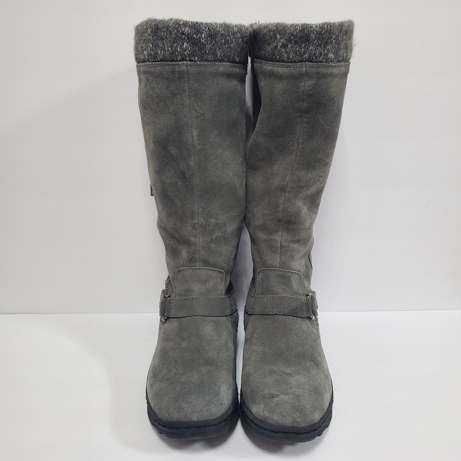 Baretraps Womens 9 Gray Suede Knit Cuff Boots Side Zip Buckle Detail Winter Warm