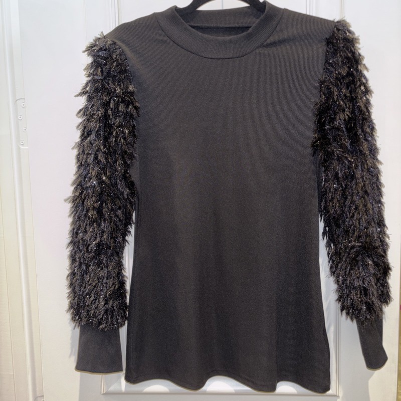 Black Long Sleeve Top With Shaggy/ Fringe Sleeves