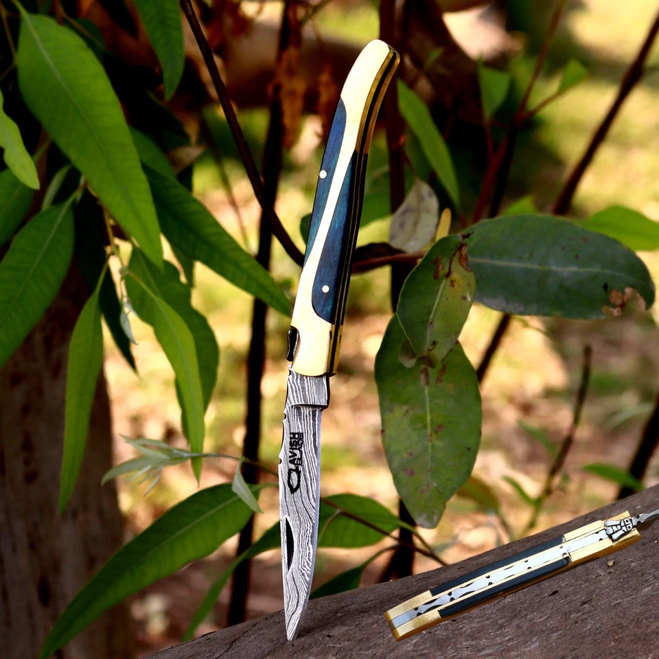 2pc Handmade Laguiole Damascus Folding Pocket Knives Brass Wood Handle & Sheath - Image 3 of 4