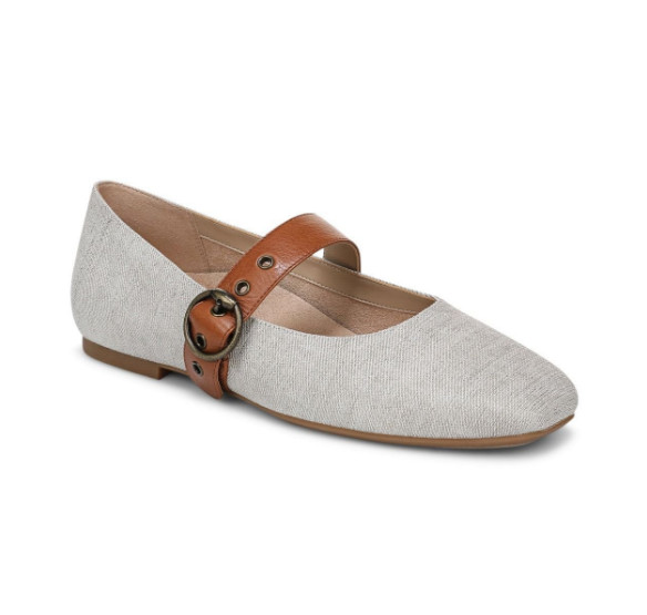 VIONIC Women Hattie Mary Jane Flat, Natural Canvas Gold (NEW WT)