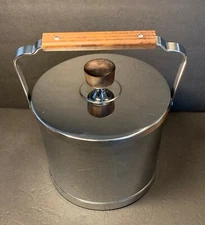 Vintage MCM ATAPCO Ice Bucket Chrome Wood Mid Century Modern 7 1/2" Diameter USA