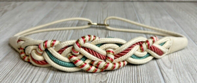 Vintage 80s Braided Rope Cord Belt Coral Green Cream w Hook  display picture 2