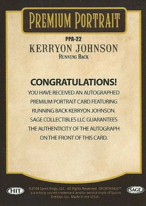 2018 SAGE HIT Kerryon Johnson AUTO #/25 Detroit Lions Auburn SCARCE - Image 2 of 2