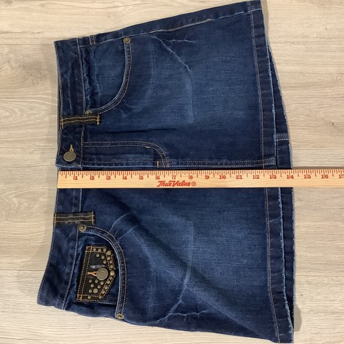 LONDON JEAN Mini Jean Skirt Dark Wash Embellished Studded Distressed Hem Size 12 - Picture 10 of 12