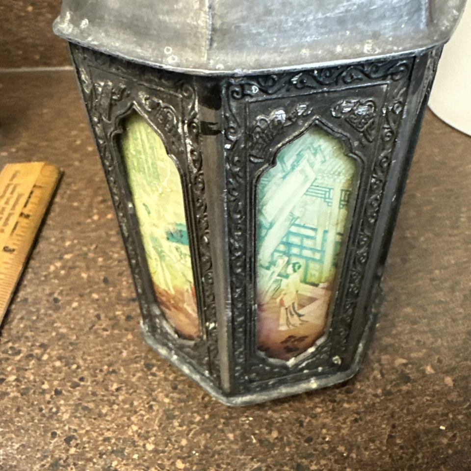 19th C. Chinese Pewter Tea Caddy Flask 7 Panel Reverse Glass Shantou 7” HTF - Image 2 of 4