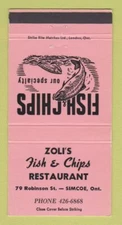 Matchbook Cover - Zoli's Fish and Chips Simcoe ON 30 Strike