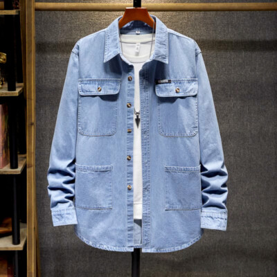 Herren Denim Hemden Bluse Workwear Multi-Taschen Retro Freizeit Baumwolle Blau