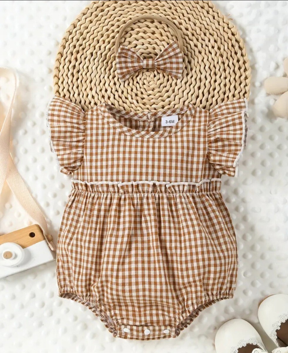 Baby Girls Brown Checked Romper Babygrow Outfit with Headband 6-9