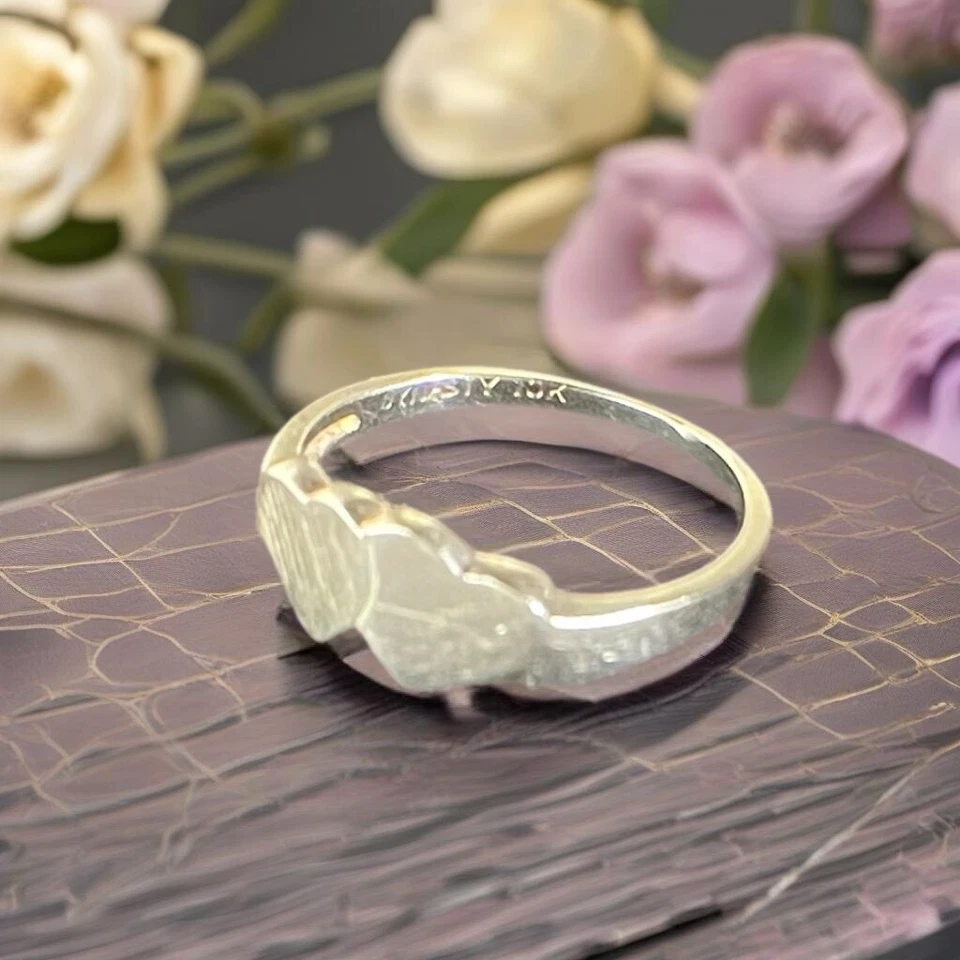 10K Solid White Gold Double Heart Signet Love Ring Size 5 Resize or Engrave Ask - Image 3 of 4