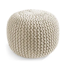 Round Cotton Pouf Ottoman, Natural - 20 x 20 x 14.5 Knit Foot Stool Pouffe