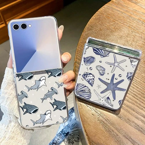 For Samsung Galaxy Z Flip7 Flip6 Flip5 4 3 Shark Turtle Pattern Clear Case Cover