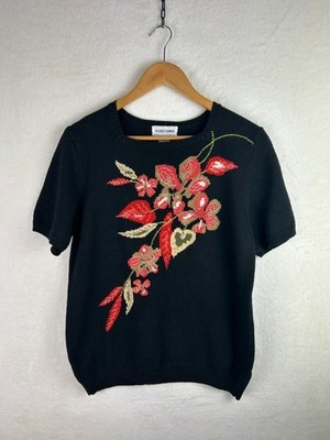 Alfred Dunner Stricktop mit Blumenmuster - Größe M - Vintage Style