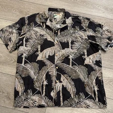 Paradise Found Men's XL Hawaiian Black Tropical Palm Leaves Beach Camp Shirt