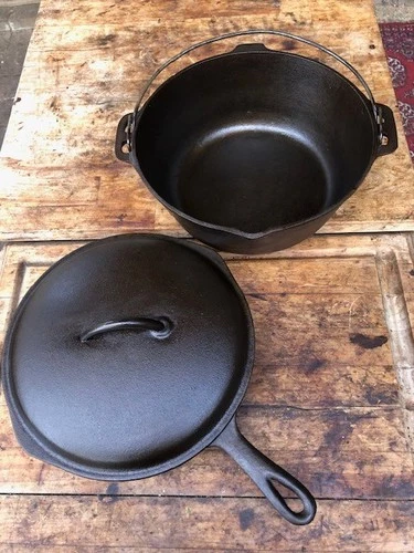 Cast iron BSR vintage Dutch oven and skillet with lid