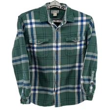 Duluth Trading Co. Flapjack Green Plaid Flannel Fleece Lined Snap Shacket Men LT