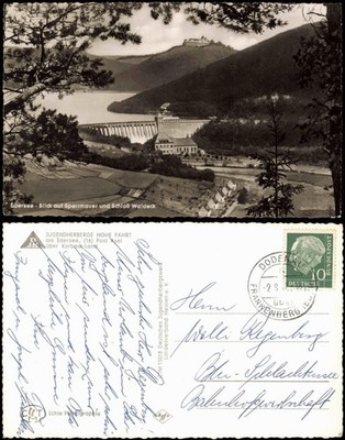 Hemfurth-Edersee-Edertal Edersee view of barrier wall and Waldeck Castle 1957