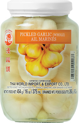 Eingelegter ganzer Knoblauch 454g im Glas Cock Garlic Knoblauchzehen in Salzlake