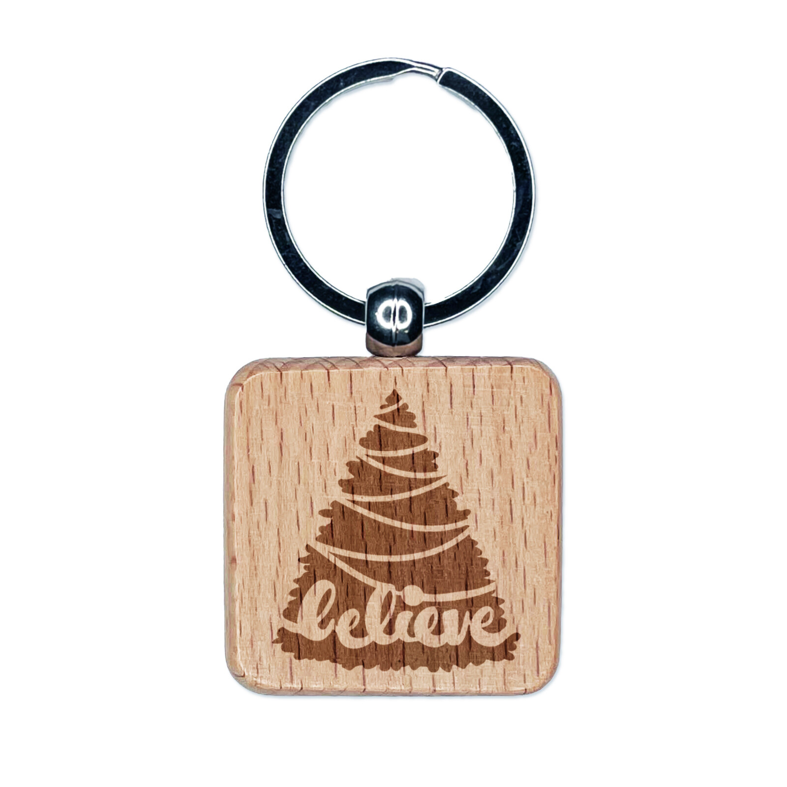 Christmas Tree Believe Engraved Wood Square Keychain Tag Charm