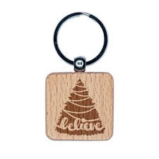 Christmas Tree Believe Engraved Wood Square Keychain Tag Charm