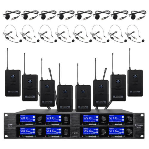 Wireless Microphone System UHF Pro Audio 8 Channel 8 Lavalier Bodypacks Headset - Picture 1 of 9