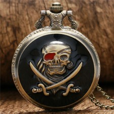 Retro Bronze Skull Pirate Quartz Pocket Watch with Necklace Chain for Women Men