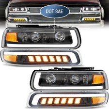 Fit For 99-02 Chevy Silverado 00-06 Tahoe LED Projector Headlights+Bumper Lamps 
