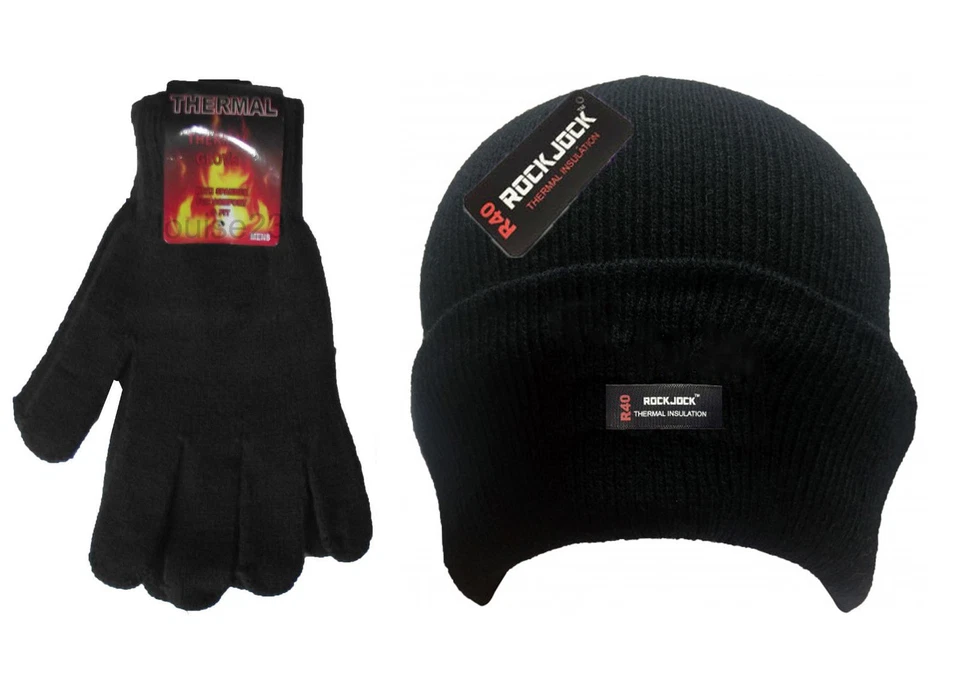 ROCK JOCK New Men's Thermal Winter Warm Black knitted Beanie Hat & Glove Set By Rockjock