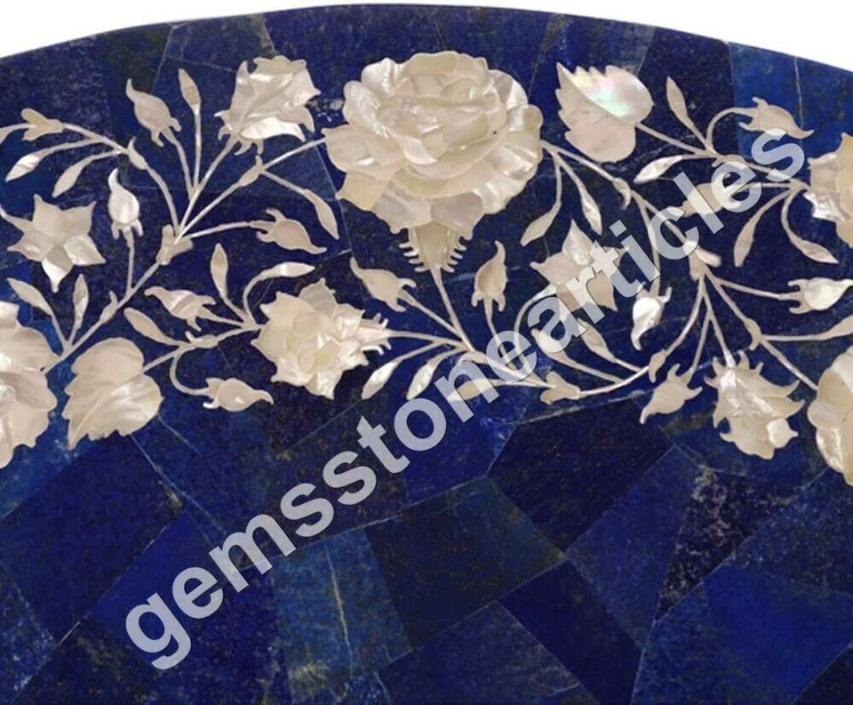 40"x40" Marble Real Lapis Stone Top Table Mop Inlaid Floral Art Christmas Gift - Image 3 of 3