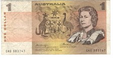 AUSTRALIA $1 Dollar F/VF Banknote (1976) P-42b1 Knight-Wheeler Sign Prefix CKG
