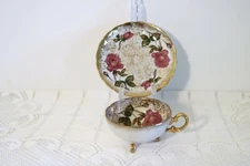 Unknown Mfg Gold PInk Roses Flowers Floral 3-Footed Tea Cup & Saucer