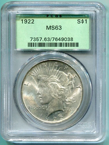 1922 ( 1922-P ) PEACE SILVER DOLLAR  S$1 PCGS MS63 MS-63 Old Green Holder OGH !
