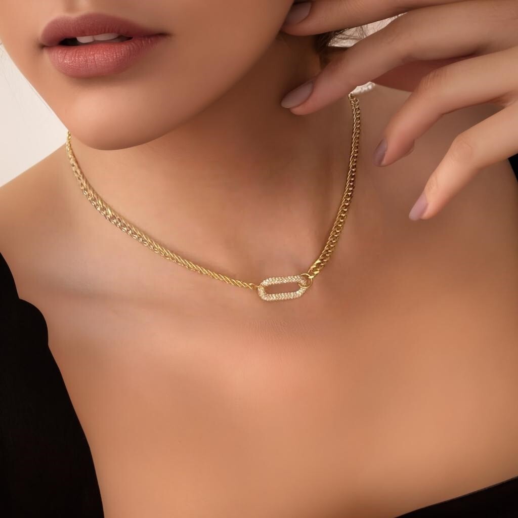 Cuban Link Chain with Diamond Oval Pendant, Unique Geometric Design, Womens Gift
