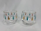 2 Vintage Federal Glass Turquoise Gold Roly Poly Tear Drop Glasses MCM 50s