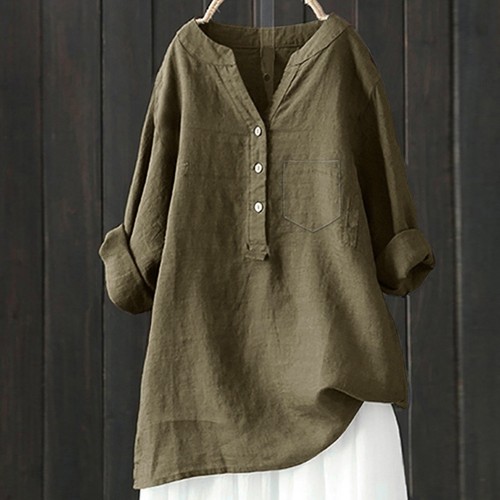 Women Long Sleeves Pullover Cotton Linen V-neck Blouse Tops TEE Shirts PLUS SIZE - Picture 19 of 30