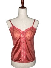 Vintage Lace-Trim Satin Cami Top in Coral Pink. Sheer. Feminine, lingerie